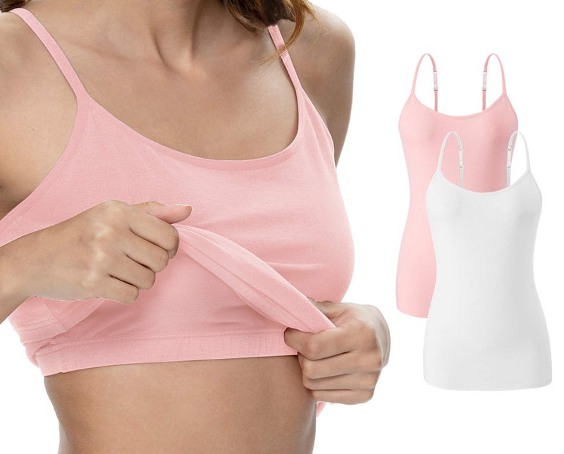 Vislivin Womens Cotton Camisole Adjustable Strap Tank Tops with Shelf Bra Stretch Undershirts 2 Pack White/Pink XXL - Image 1